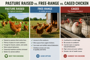 difference between pasture, free-range and caged chickens